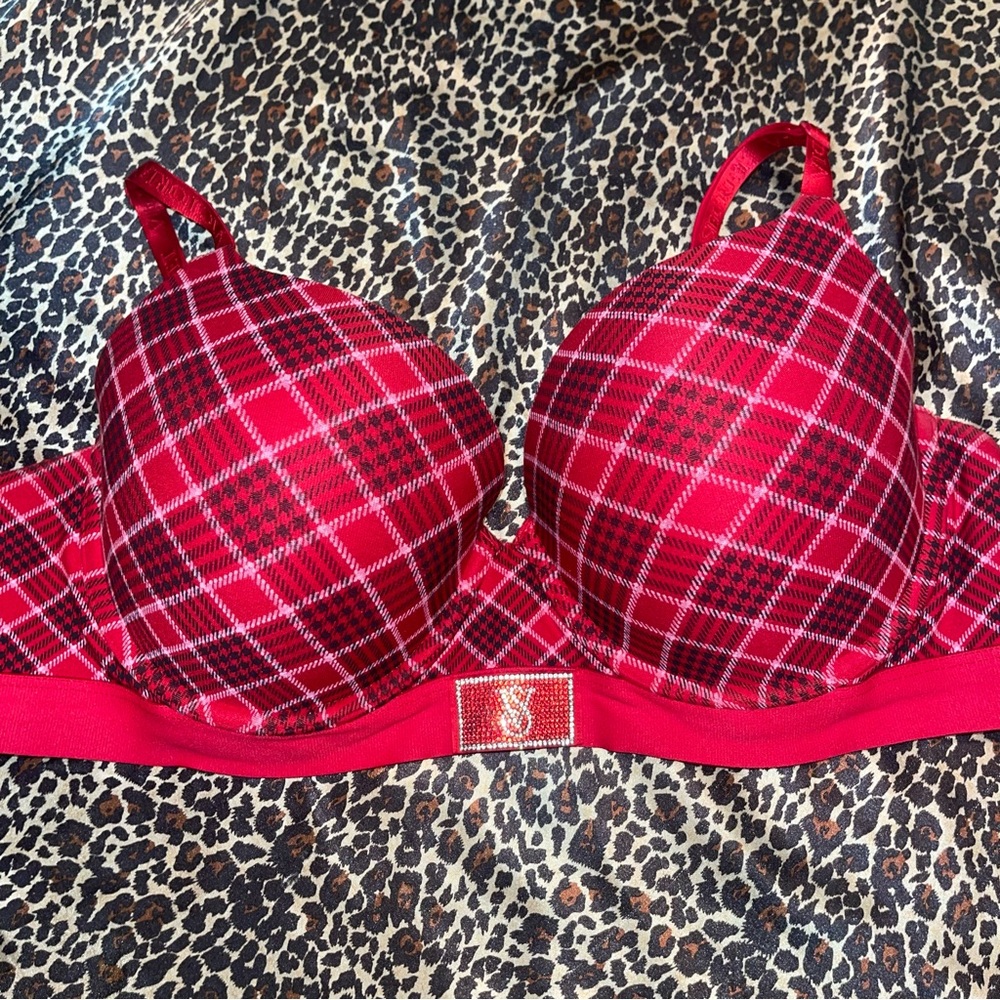 Victoria's Secret Plaid Rhinestone Logo Bra